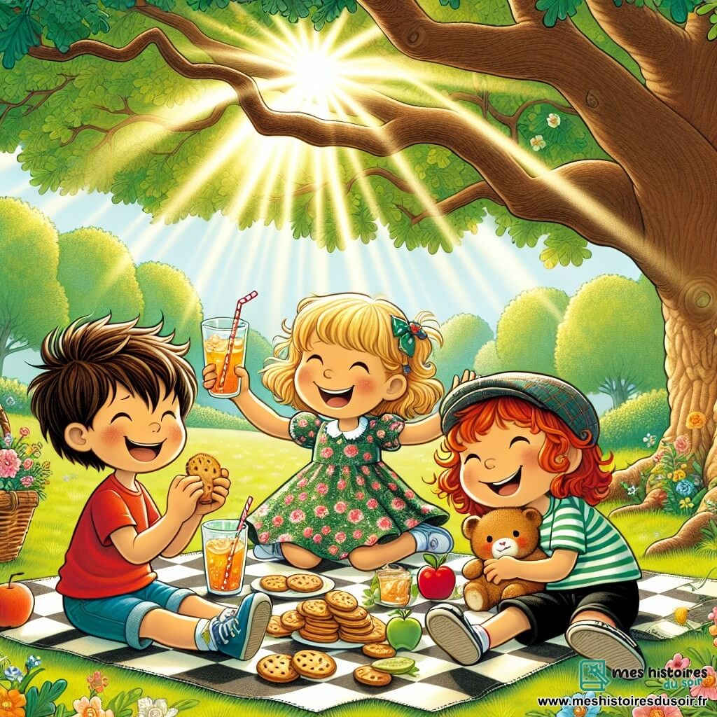 Illustration d'un parc ensoleillé avec un grand chêne au feuillage verdoyant et des fleurs colorées le long d'un chemin en gravier. Quatre enfants jouent sur une couverture à carreaux : un garçon brun souriant en t-shirt rouge et short bleu tenant un biscuit ; une fille blonde avec des couettes en robe à fleurs levant un verre de limonade ; un garçon châtain en t-shirt vert et short noir riant en partageant une pomme ; et une fille châtain clair avec une casquette assise sur la couverture, entourée de biscuits et de fruits. La scène respire le bonheur et la complicité, avec des rayons de soleil illuminant les visages des enfants.