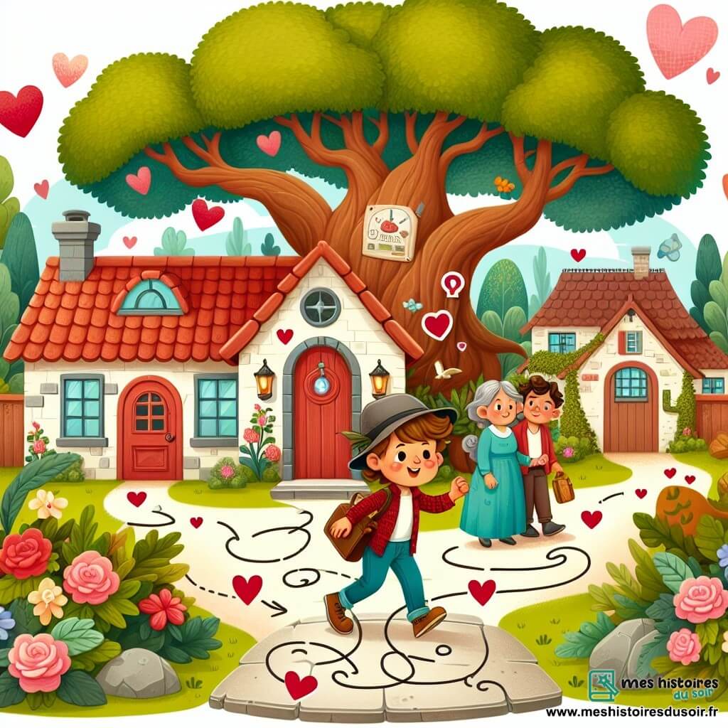 Une illustration destinée aux enfants représentant un garçon curieux suivant des indices mystérieux pour la Saint-Valentin, accompagné de sa famille aimante, dans une petite maison au toit de tuiles rouges avec un jardin enchanteur et un vieux chêne majestueux.