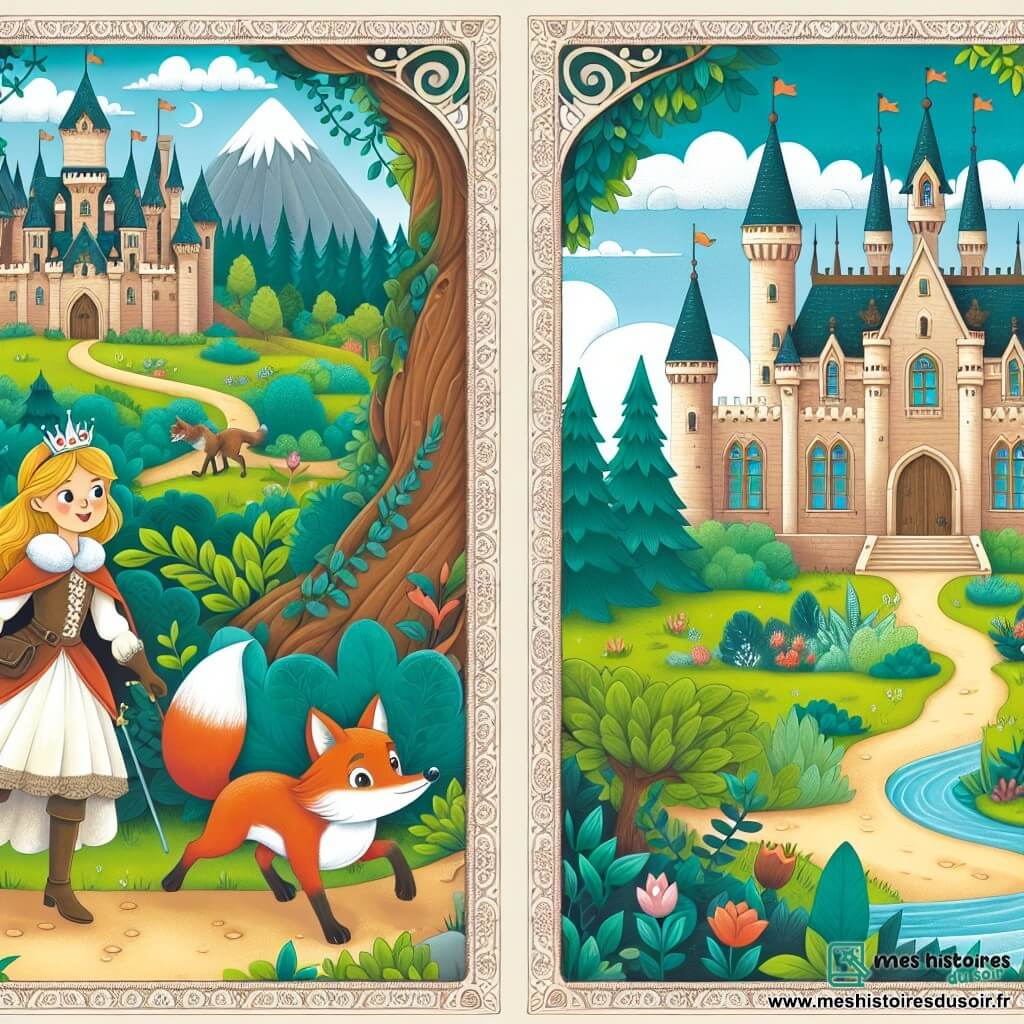 Une illustration destinée aux enfants représentant une princesse courageuse se lançant dans une quête mystérieuse, accompagnée d'un renard malicieux, à travers un château majestueux entouré de jardins luxuriants et de bois enchantés.