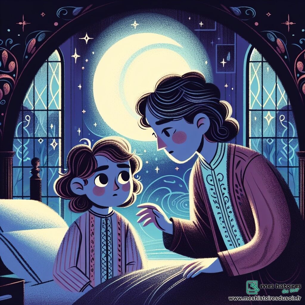 Une illustration destinée aux enfants représentant une fillette aux boucles brunes confrontée à sa peur du noir, accompagnée de sa maman rassurante, dans une chambre baignée de clarté lunaire et de mystère.