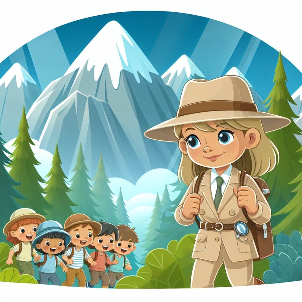 Une illustration destinée aux enfants représentant une archéologue intrépide, vêtue d'une combinaison beige et d'un chapeau de paille, en train d'explorer une forêt mystérieuse entourée de montagnes majestueuses, accompagnée d'un groupe d'enfants curieux et enthousiastes.