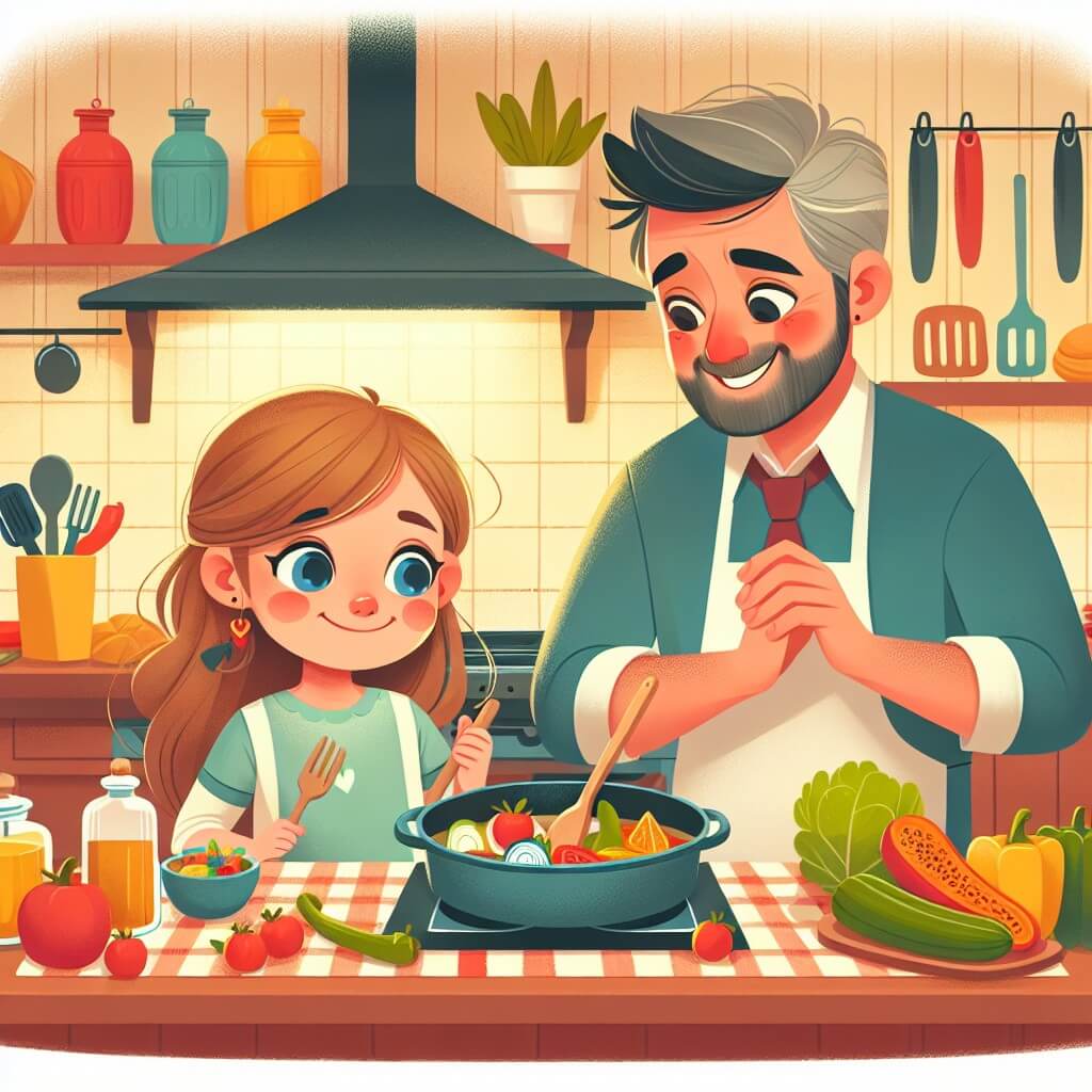 Une illustration destinée aux enfants représentant une jeune fille pleine de curiosité qui prépare un délicieux repas pour son papa lors de la fête des pères, avec son papa ému et souriant à ses côtés, dans une cuisine chaleureuse remplie d'ustensiles colorés et d'odeurs appétissantes.