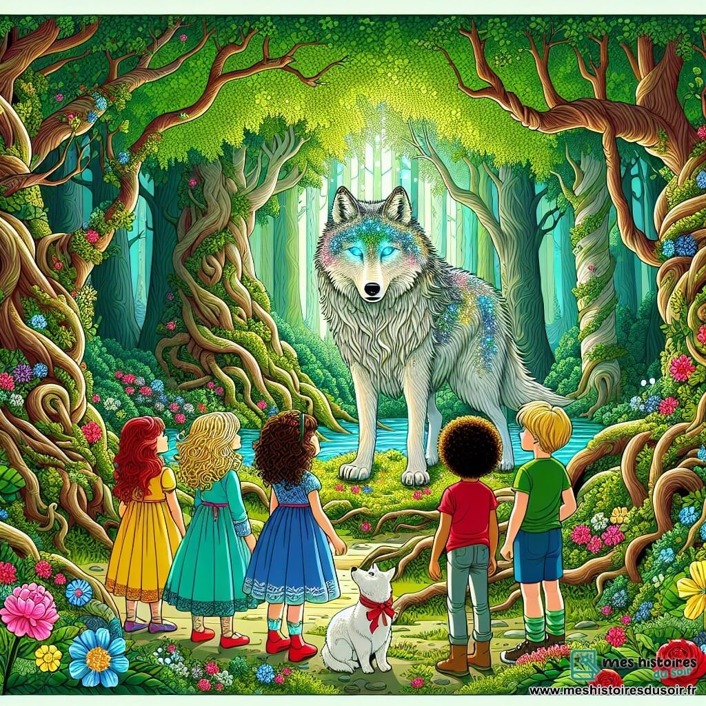 Une illustration sous forme de dessin destinée aux enfants représentant une clairière enchantée au cœur d'une forêt verdoyante, où un groupe de cinq enfants de sept ans, trois filles aux cheveux bouclés et colorés, portant des robes colorées, et deux garçons aux cheveux courts et en t-shirt, se tiennent autour d'un loup majestueux aux yeux brillants, qui semble à la fois triste et amical, tandis qu'ils tentent de l'aider à briser une malédiction, avec des fleurs colorées et des arbres aux troncs noueux en arrière-plan, créant une atmosphère magique et pleine d'espoir.