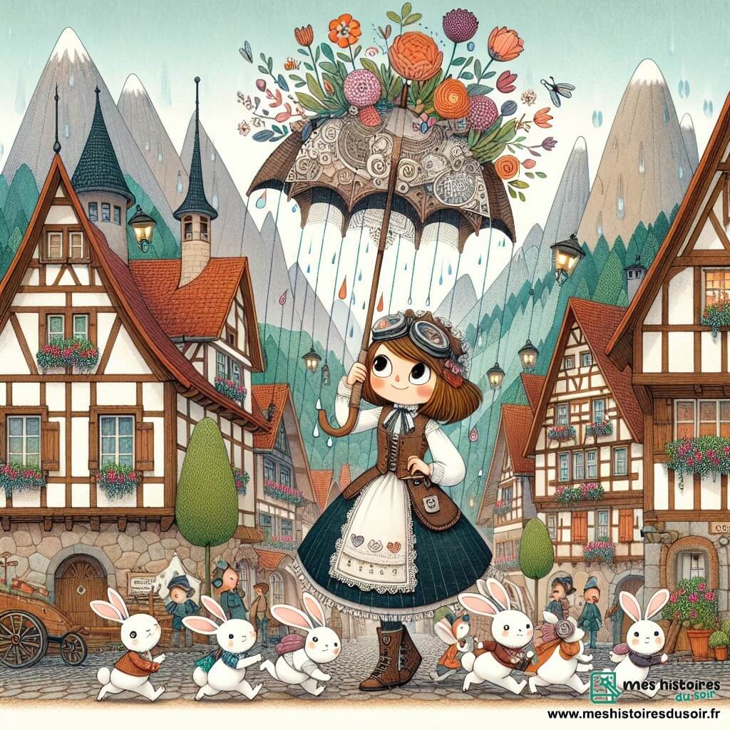 Une illustration destinée aux enfants représentant une inventeuse pleine d'idées farfelues, se retrouvant accrochée à son parapluie fou, aidée par une bande de lapins farceurs, dans un petit village pittoresque niché au creux des montagnes, avec des maisons colorées à colombages et des fleurs en cascade le long des ruelles pavées.