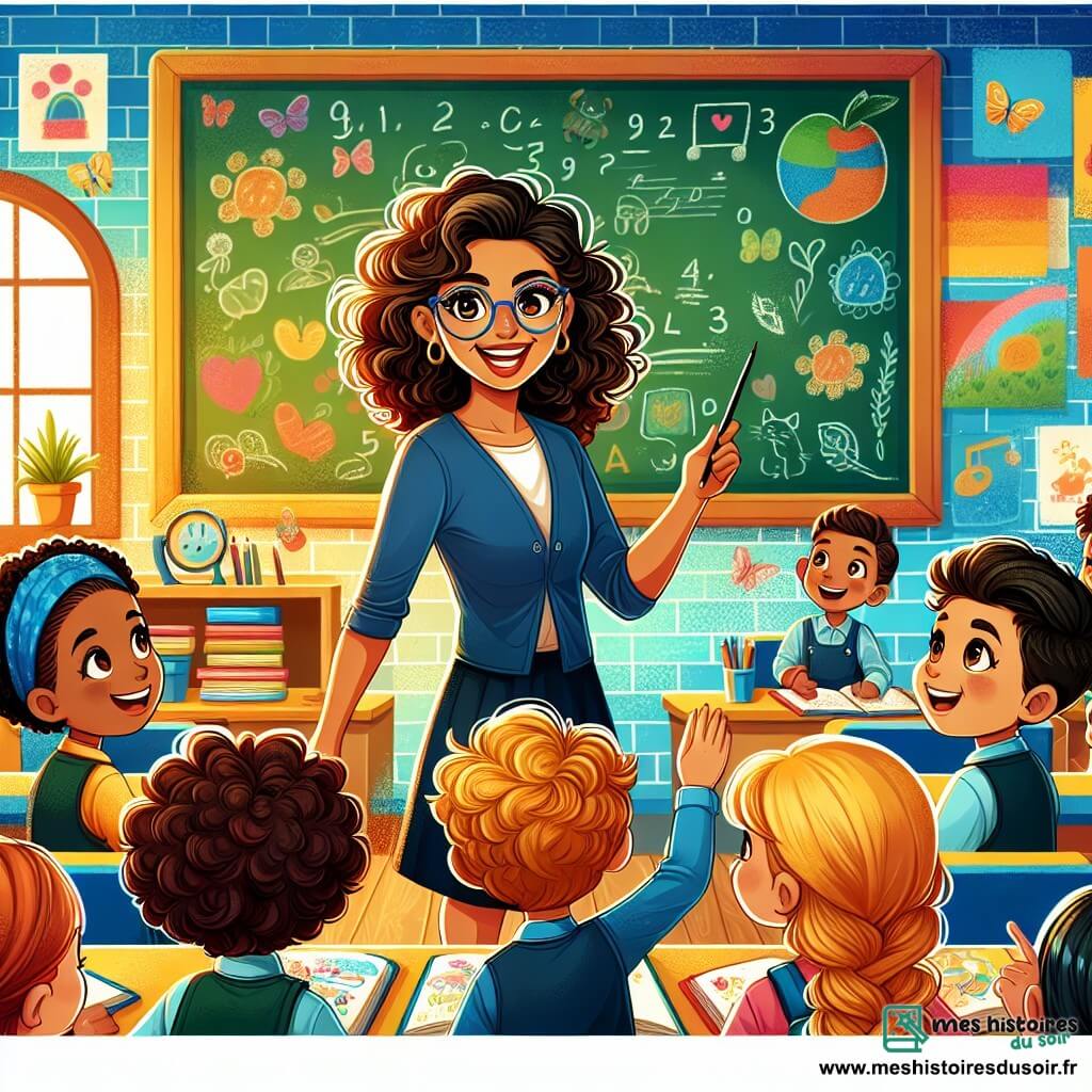 Une illustration sous forme de dessin destinée aux enfants représentant une salle de classe colorée, avec des murs peints en bleu et jaune, où une institutrice enthousiaste, une femme aux cheveux bouclés et aux yeux pétillants, sourit en montrant un tableau rempli de dessins d'enfants, tandis qu'un groupe d'élèves, dont une petite fille aux cheveux dorés levant la main et un petit garçon aux lunettes, l'écoute avec émerveillement, tous réunis autour de la magie de l'apprentissage et de la créativité.