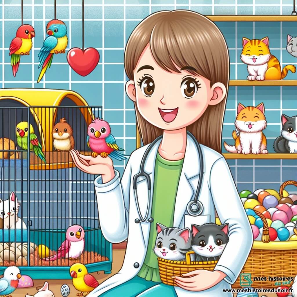 Une illustration destinée aux enfants représentant une jeune femme vêtue d'une blouse blanche, entourée d'animaux souriants, dans un cabinet vétérinaire coloré rempli de cages remplies d'oiseaux joyeux et de paniers de chatons endormis.