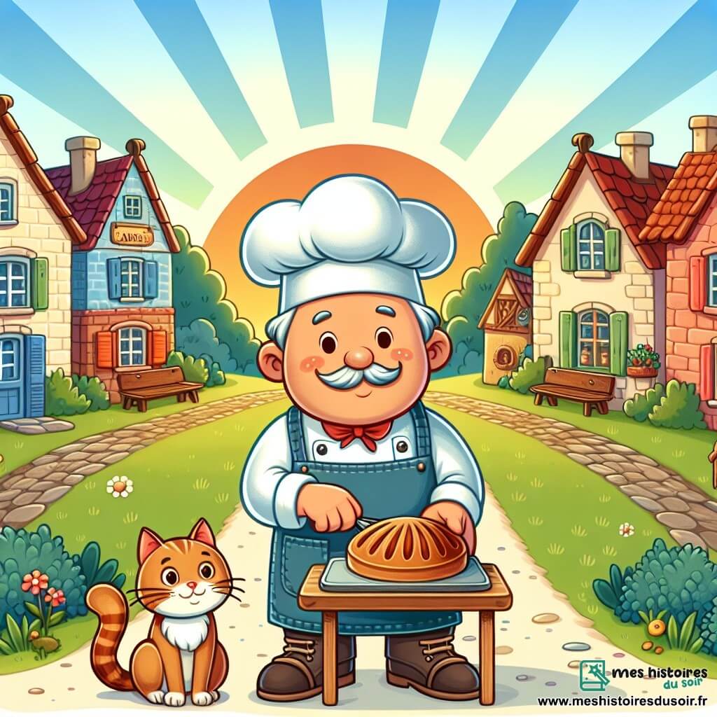 Une illustration destinée aux enfants représentant un boulanger chaleureux et jovial se préparant à cuire ses délicieuses pâtisseries, accompagné de son fidèle compagnon à quatre pattes, un petit chat roux, dans un village paisible aux maisons colorées et aux ruelles pavées, baigné par les premiers rayons du soleil levant.
