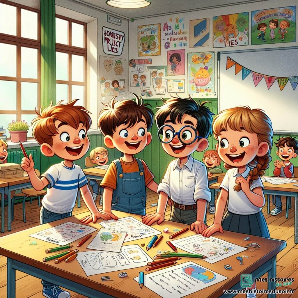 Illustration destinée aux enfants représentant une scène animée dans une salle de classe lumineuse, avec des murs décorés de dessins colorés et un grand tableau blanc au fond. Au premier plan, un groupe de quatre enfants de 11 ans, deux garçons aux cheveux châtains et aux lunettes rondes, un garçon aux cheveux noirs en bataille, et une fille aux cheveux blonds tressés, se tiennent autour d'une table en bois, leurs visages illuminés par l'excitation. Ils discutent avec enthousiasme d'un projet sur l'honnêteté, des feuilles de papier et des crayons éparpillés devant eux. L'atmosphère est pleine d'énergie, avec des sourires et des gestes animés, tandis qu'un poster sur le mur évoque le thème de la vérité et du mensonge, ajoutant une touche éducative à la scène.