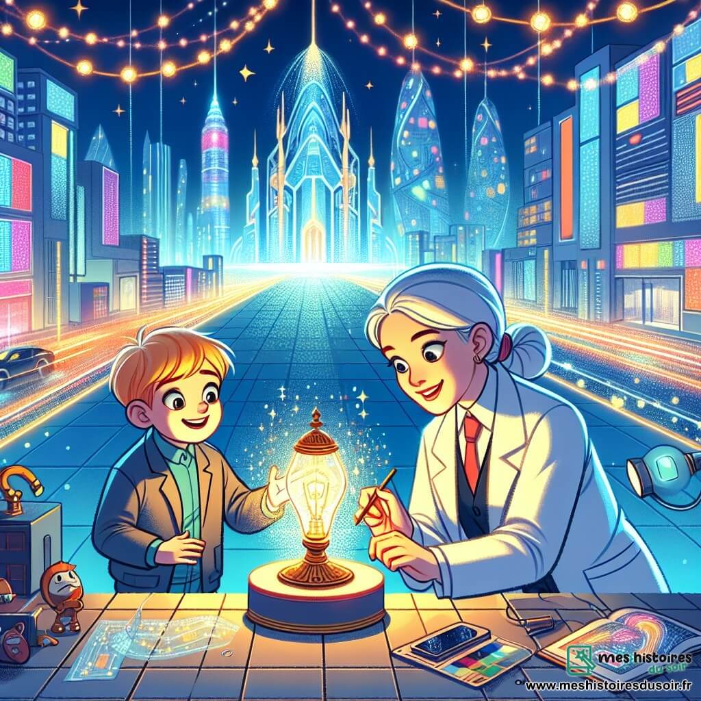 Une illustration destinée aux enfants représentant un(e) jeune garçon curieux et avide de connaissances, découvrant une lampe mystérieuse avec l'aide d'une jeune ingénieure talentueuse, dans un futur éblouissant où les gratte-ciel touchent les étoiles et les rues sont pavées de dalles lumineuses, illuminées par des néons multicolores.