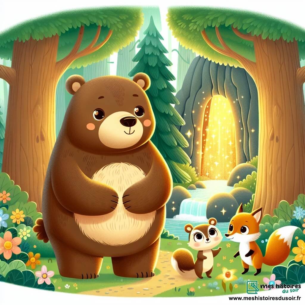Une illustration sous forme de dessin destinée aux enfants représentant une forêt enchantée aux arbres majestueux et aux fleurs colorées, où un grand ours brun au pelage doux et aux yeux brillants se tient courageusement devant une caverne mystérieuse, tandis qu'une petite écureuil agile aux yeux pétillants et une renarde rusée aux poils dorés l'encouragent, tous unis pour sauver la source magique de leur forêt, illuminée par une douce lumière dorée qui évoque l'espoir et l'amitié.