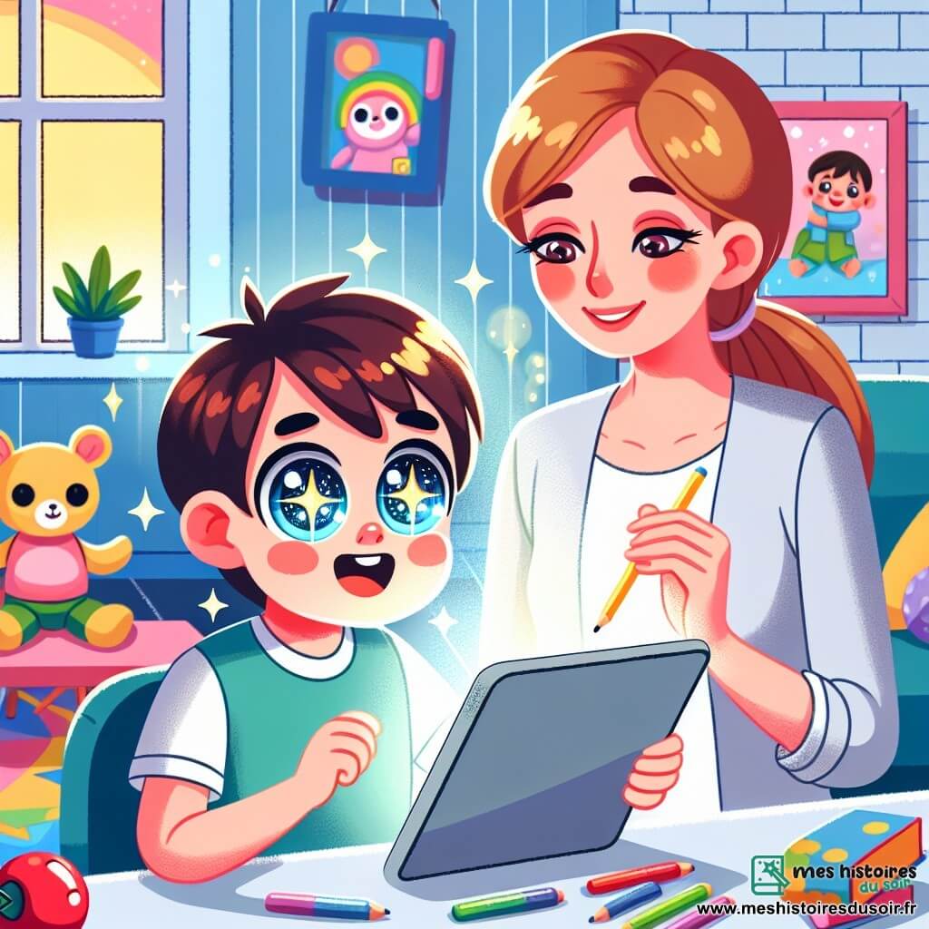 Une illustration destinée aux enfants représentant un garçon aux yeux pétillants, captivé par un écran lumineux, tandis que sa maman, avec un air doux, lui rappelle l'importance de trouver un équilibre, dans une chambre colorée remplie de jouets et de livres.