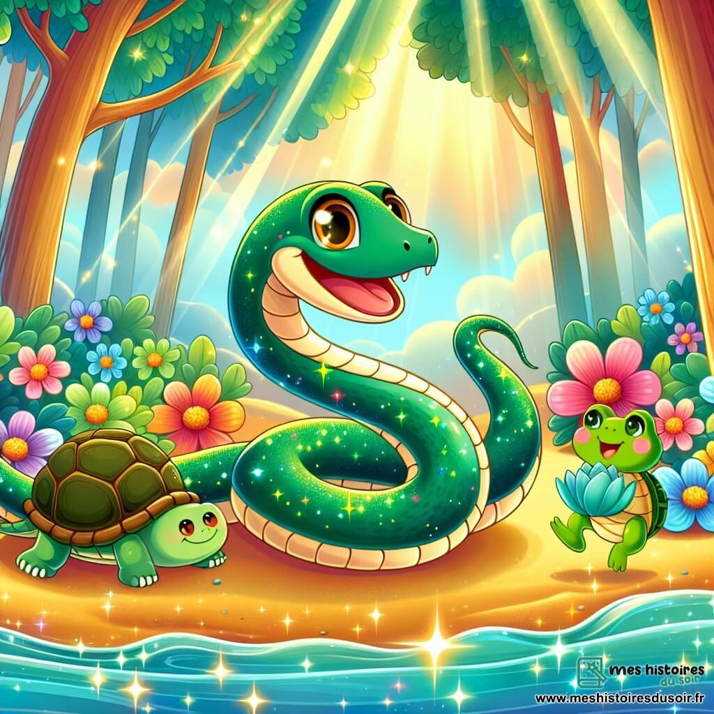 Une illustration sous forme de dessin destinée aux enfants représentant une forêt enchantée baignée par la lumière dorée du soleil, avec un serpent émeraude aux écailles brillantes se faufilant joyeusement entre les fleurs colorées, accompagné d'une petite grenouille verte aux yeux pétillants qui saute à ses côtés, tandis qu'une tortue au carapace brune et rugueuse les suit lentement, tous trois découvrant une grotte scintillante remplie d'eau claire, symbolisant leur quête d'aventure et d'amitié dans un monde magique.