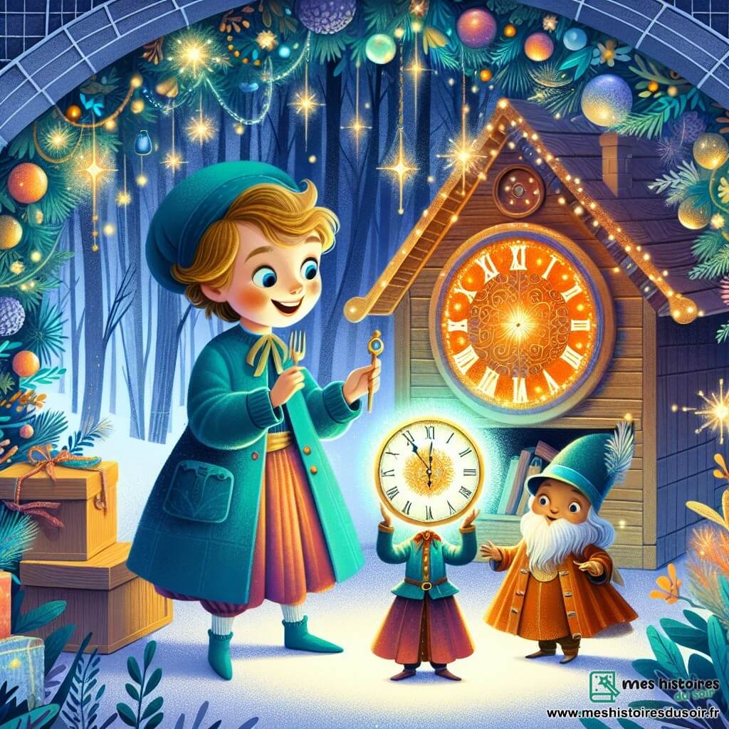 Une illustration destinée aux enfants représentant une fillette impatiente de célébrer le réveillon du nouvel an, aidée par un petit bonhomme gardien du temps, dans une maison décorée de guirlandes scintillantes et d'une horloge mystérieuse brillant d'une lueur magique.