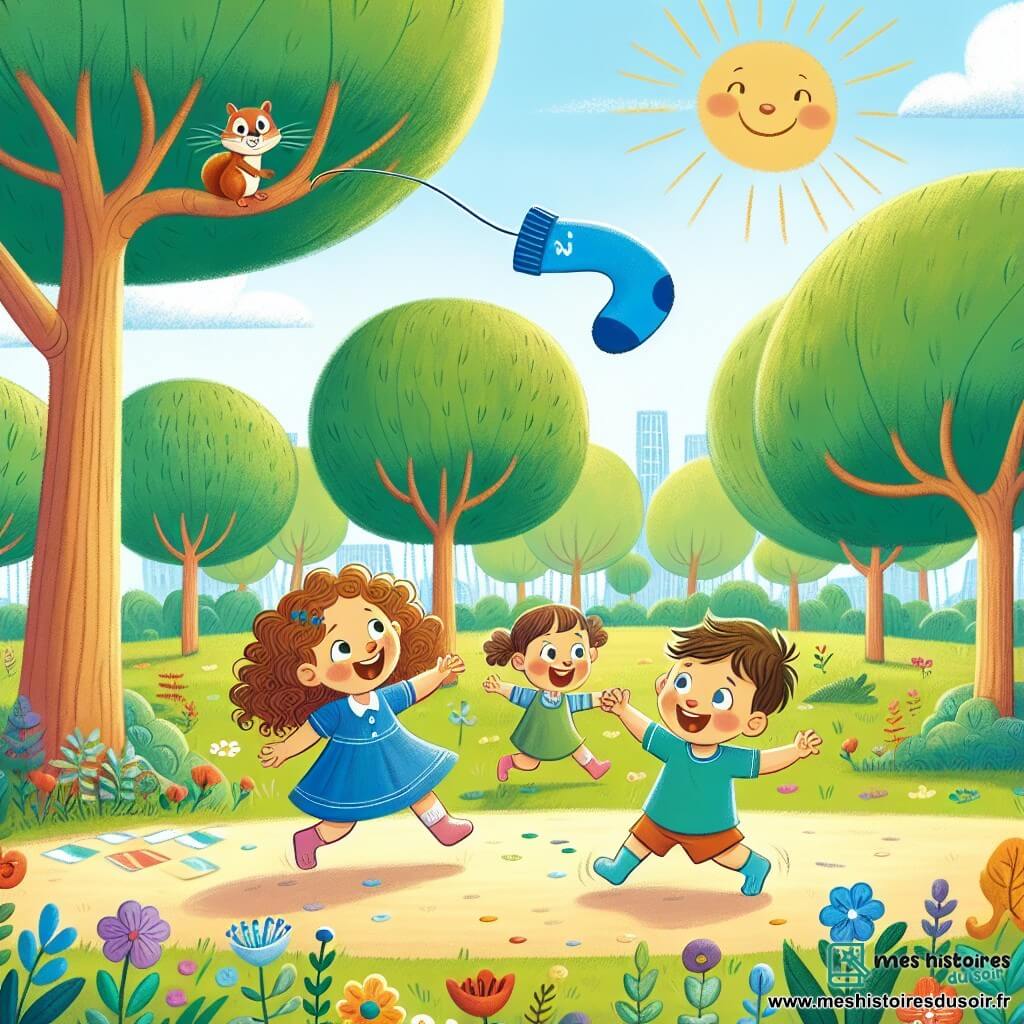 Une illustration sous forme de dessin destinée aux enfants représentant un parc ensoleillé avec de grands arbres verdoyants et des fleurs colorées, où un groupe de trois enfants de 3 ans, deux filles aux cheveux bouclés et un garçon aux cheveux courts, rit ensemble en courant après une chaussette bleue qui danse joyeusement dans l'air, tandis qu'un petit écureuil curieux les observe depuis une branche, créant une atmosphère de joie et d'aventure.