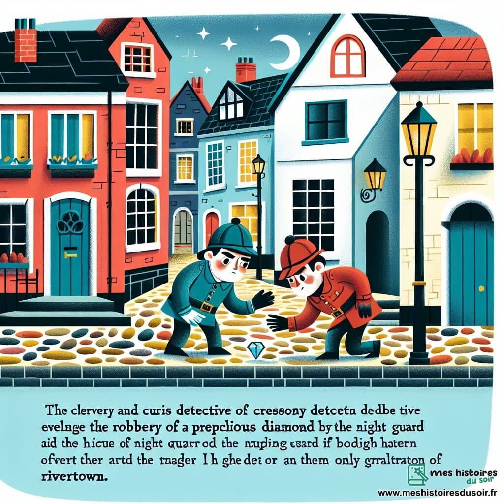 Une illustration destinée aux enfants représentant un homme détective malin et curieux enquêtant sur le vol d'un diamant précieux avec l'aide d'un gardien de nuit, dans la petite ville pittoresque de Rivertown, entre les ruelles pavées et les façades colorées des maisons anciennes.
