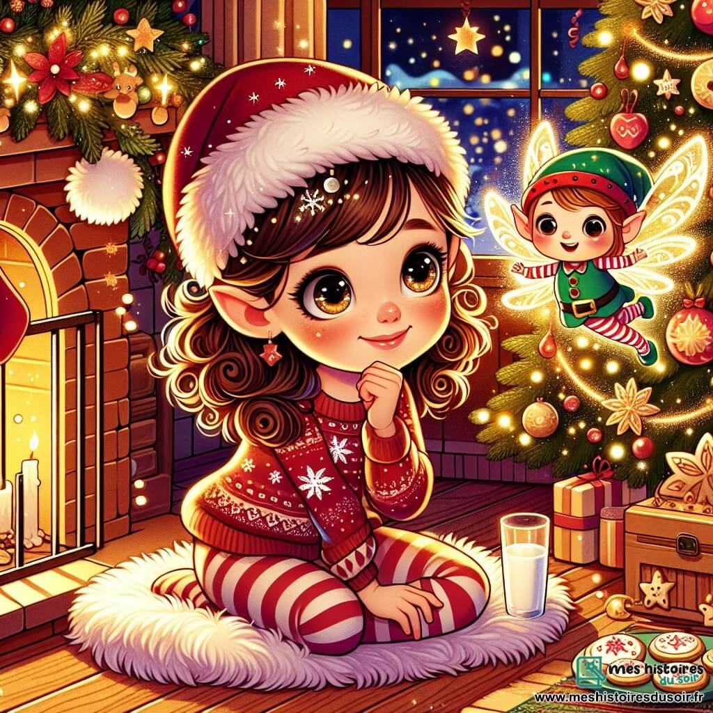 Une illustration sous forme de dessin destinée aux enfants représentant l'intérieur chaleureux d'une maison décorée pour Noël, avec un sapin scintillant dans un coin, une fille de 11 ans aux boucles brunes et aux yeux pétillants, assise sur un tapis moelleux, émerveillée en regardant un petit elfe lumineux aux ailes scintillantes flotter devant elle, tandis que des biscuits de Noël décorés et un verre de lait sont posés près de la cheminée crépitante, capturant l'instant magique où la fille découvre la véritable magie de Noël.