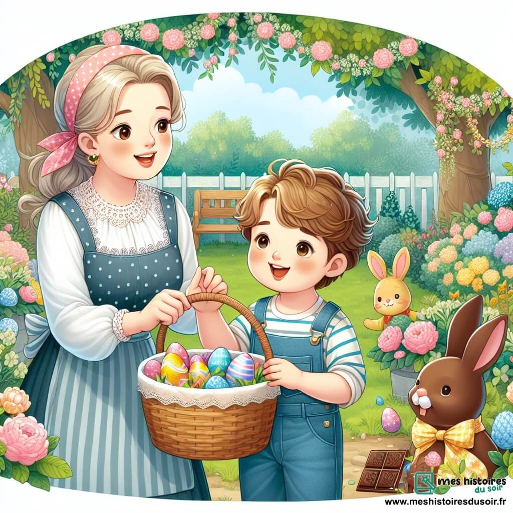 Une illustration destinée aux enfants représentant un petit garçon tout excité à l'idée de partir à la chasse aux œufs de Pâques, accompagné de sa maman, dans un jardin décoré de guirlandes fleuries et de lapins en chocolat.
