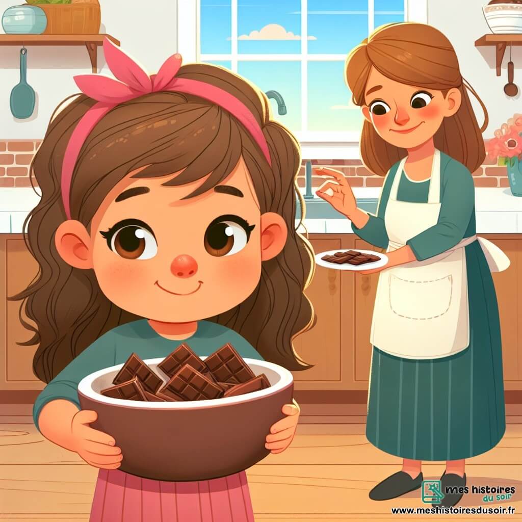 Une illustration destinée aux enfants représentant une petite fille pleine de curiosité et d'énergie, se retrouvant dans une situation délicate après avoir dit un petit mensonge à sa maman, accompagnée de sa douce maman, dans une cuisine lumineuse et chaleureuse remplie de délicieuses odeurs de chocolat.