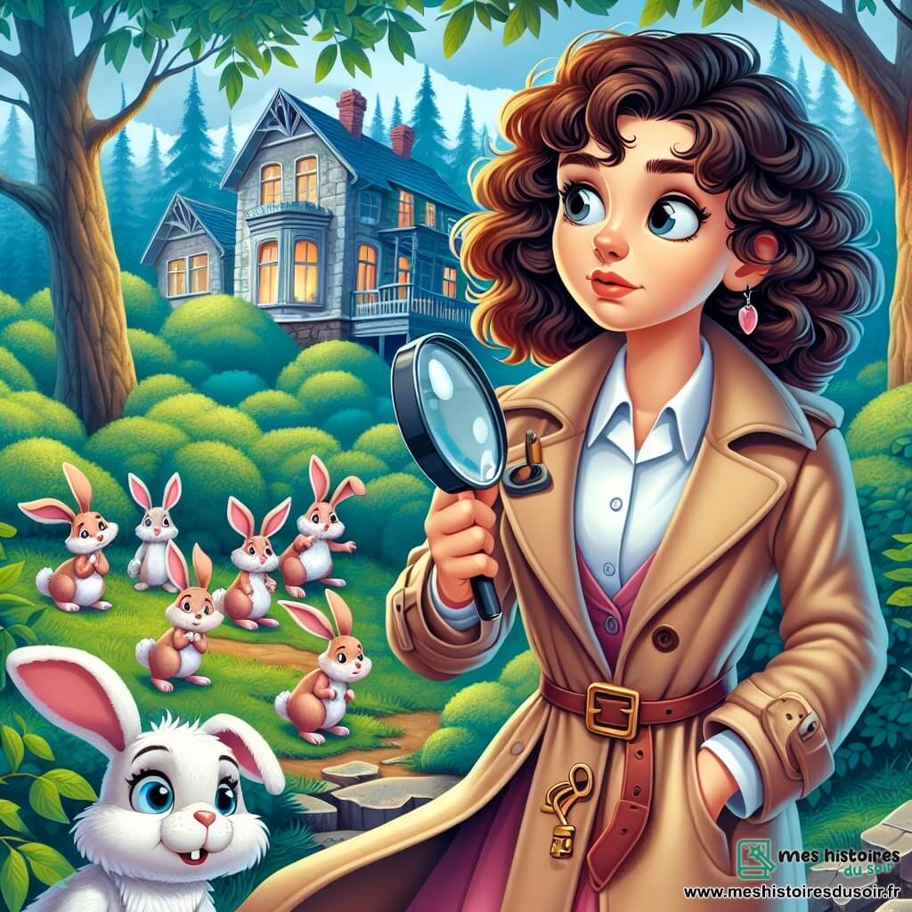 Une illustration sous forme de dessin destinée aux enfants représentant une vieille maison abandonnée à la lisière d'une forêt, avec une femme détective aux cheveux bruns et bouclés, portant une loupe et un trench-coat, examinant une clé mystérieuse qu'elle a trouvée, tandis qu'un groupe de lapins inquiets aux fourrures douces et aux yeux brillants, se tient en arrière-plan, observant la scène avec des expressions d'espoir et d'inquiétude, capturant l'instant où la détective découvre un indice crucial dans sa quête pour retrouver la tante disparue.