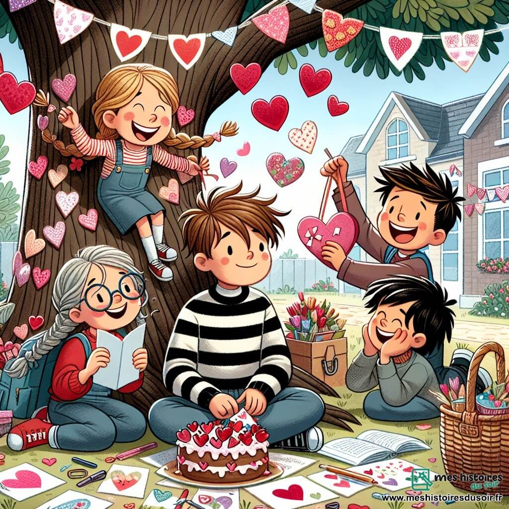 Une illustration sous forme de dessin destinée aux enfants représentant une cour d'école colorée décorée de cœurs en papier et de guirlandes de fleurs, où un garçon de 12 ans aux cheveux bruns en bataille, portant un pull à rayures et des lunettes, est assis sous un grand chêne, entouré de ses amis : une fille aux cheveux blonds tressés, souriante et tenant des cartes de Saint-Valentin, et un garçon aux cheveux noirs, riant tout en tenant un gâteau en forme de cœur, alors qu'ils préparent ensemble une surprise joyeuse pour célébrer l'amitié et la Saint-Valentin.