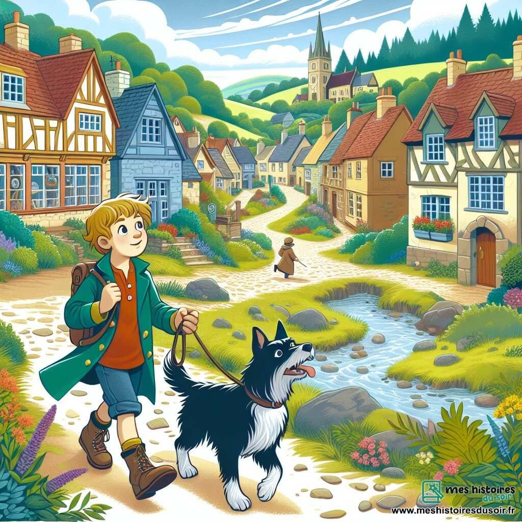 Une illustration destinée aux enfants représentant un jeune garçon curieux et plein d'imagination, se lançant dans une aventure captivante pour résoudre la mystérieuse disparition du maire de son village, accompagné de son fidèle chien, à travers les rues pittoresques et les maisons colorées d'un village paisible niché au cœur d'une vallée verdoyante.