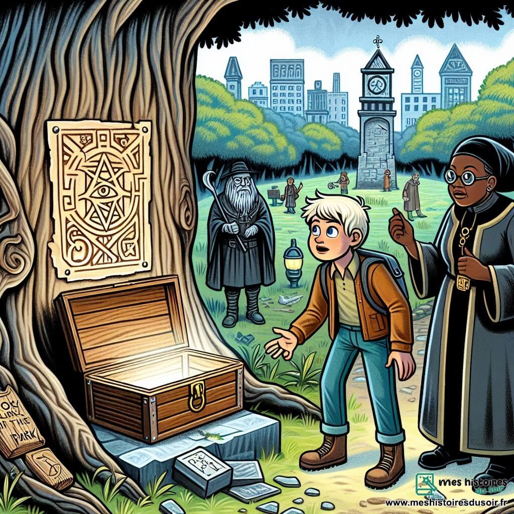 Une illustration destinée aux enfants représentant un jeune garçon curieux découvrant une boîte mystérieuse au pied d'un arbre centenaire, accompagné de la gardienne du parc, dans un parc central de la petite ville de Clairbois, où des symboles énigmatiques et une chasse au trésor se dévoilent.