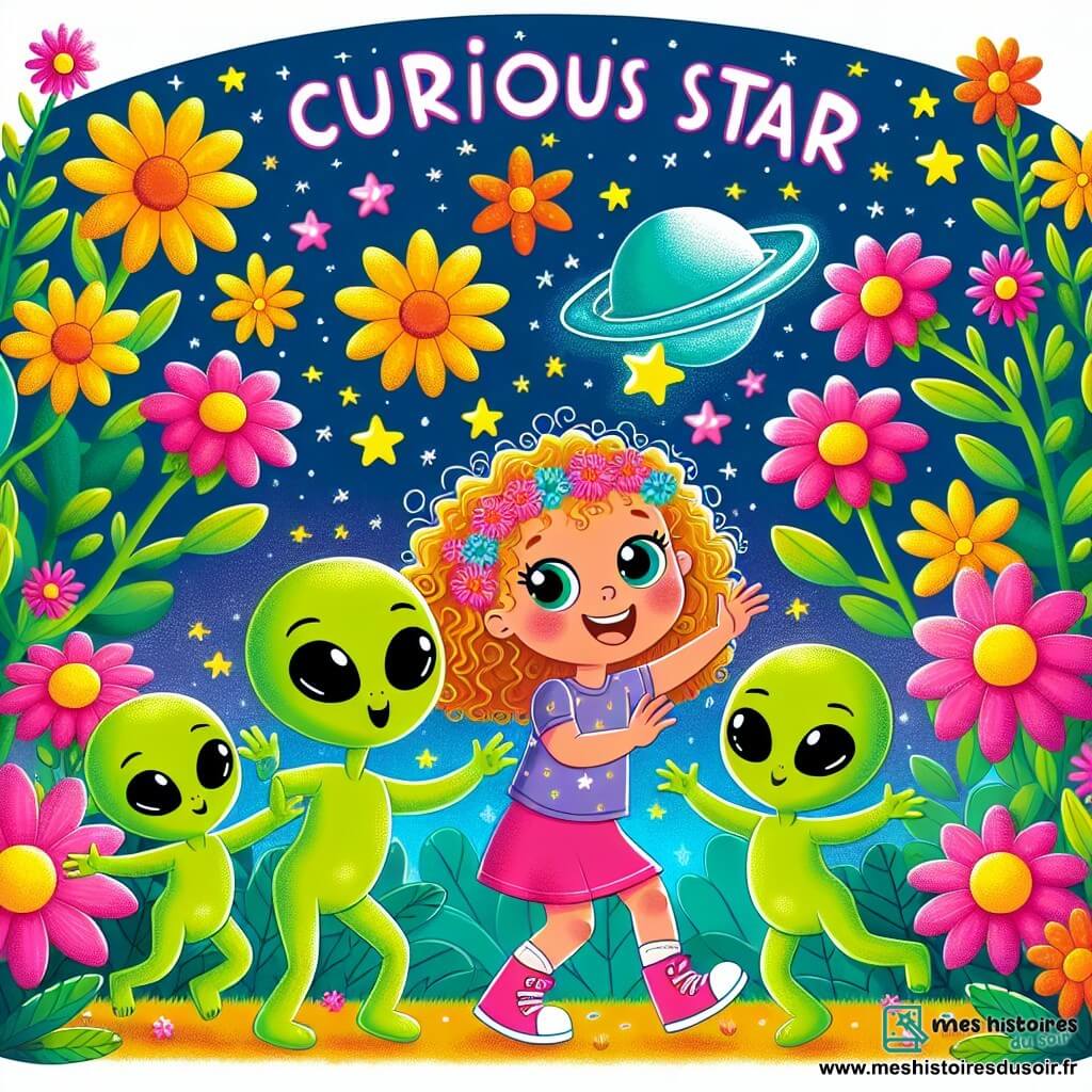 Une illustration sous forme de dessin destinée aux enfants représentant un jardin coloré de la base spatiale Étoile Curieuse, où une fille de 7 ans aux cheveux bouclés et aux yeux pétillants danse joyeusement parmi des fleurs éclatantes, entourée de trois petits extraterrestres verts à grandes têtes et yeux brillants, qui s'amusent à imiter ses mouvements, le tout sous un ciel étoilé scintillant, illustrant ainsi la magie de l'amitié intergalactique et la découverte de nouvelles cultures.
