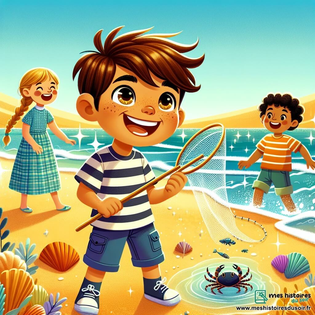 Une illustration sous forme de dessin destinée aux enfants représentant une plage ensoleillée avec des dunes de sable doré et des vagues scintillantes, où un garçon de 7 ans aux cheveux châtains et aux yeux pétillants, vêtu d'un t-shirt rayé et d'un short bleu, est en train de pêcher des crabes avec une épuisette, tandis que deux autres enfants, une fille aux cheveux blonds en tresse et un garçon aux cheveux bruns, l'observent avec enthousiasme, tous souriant et riant, capturant l'esprit joyeux des vacances d'été.