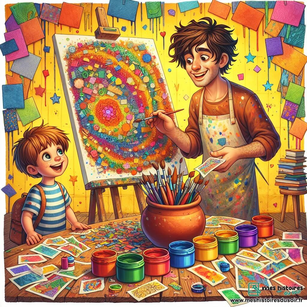 Illustration d'un atelier d'artiste lumineux et coloré, avec des murs jaunes ornés de toiles vibrantes. Des pots de peinture éclatante sont éparpillés sur une grande table en bois, et des pinceaux de différentes tailles sont plantés dans un pot en terre cuite. Au centre, un homme souriant, cheveux bruns en désordre et blouse tachée de peinture, est penché sur une toile, assemblant des morceaux de papier coloré pour un collage, dégageant passion et créativité. À ses côtés, un garçon d'environ huit ans, cheveux châtains et yeux pétillants, observe avec fascination, prêt à ajouter un morceau de papier à leur œuvre. La scène montre l'homme expliquant au garçon comment choisir les morceaux de papier, illustrant la magie de la création artistique, avec des éclats de couleurs flottant autour d'eux, symbolisant l'imagination et l'esprit créatif de l'atelier.