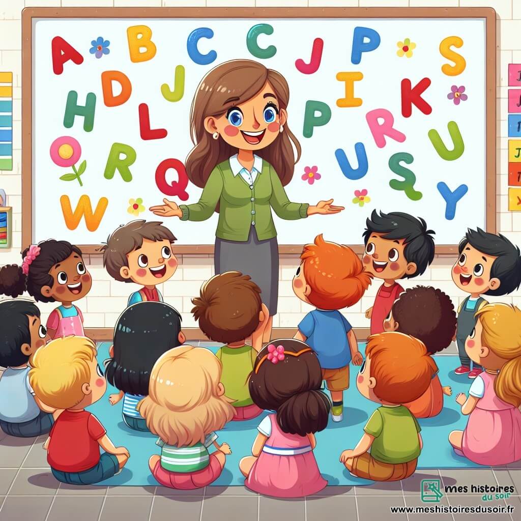 Une illustration destinée aux enfants représentant une institutrice souriante, entourée d'enfants curieux, dans une classe lumineuse et colorée remplie de lettres de l'alphabet accrochées au mur.