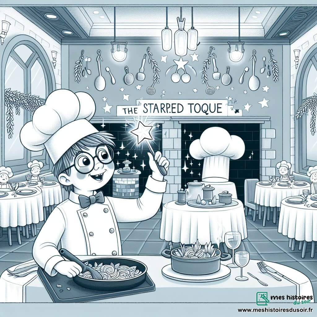 Une illustration destinée aux enfants représentant un jeune chef cuisinier en herbe, remportant un concours de cuisine et vivant une journée magique à "La Toque Étoilée", un restaurant étoilé aux murs ornés de casseroles brillantes et aux tables dressées avec élégance.