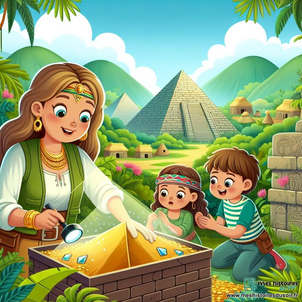 Une illustration destinée aux enfants représentant une archéologue passionnée découvrant un trésor dans une pyramide mystérieuse, accompagnée de deux enfants curieux, dans un village verdoyant entouré de collines et de jungles luxuriantes.