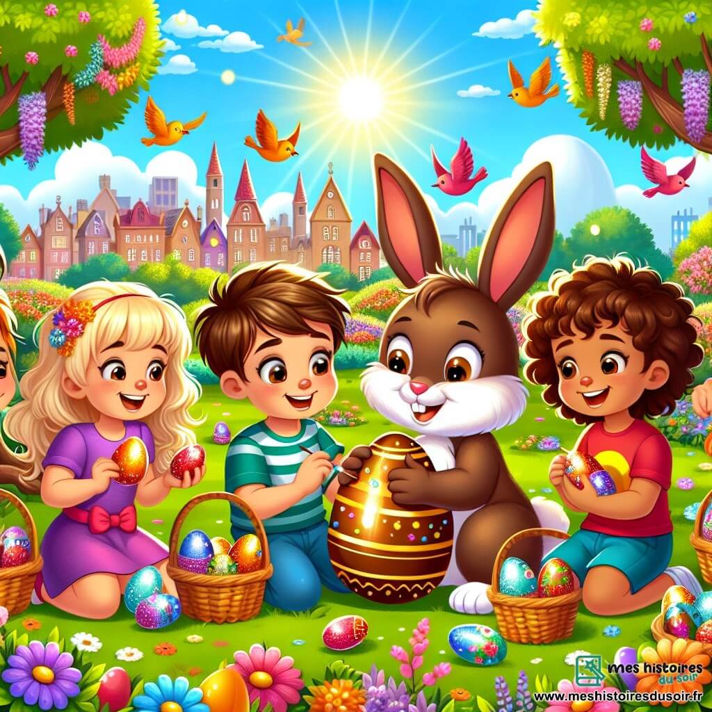 Illustration destinée aux enfants représentant un parc ensoleillé de Joyeuseville, rempli de fleurs colorées et d'arbres majestueux, où un groupe de quatre enfants de 7 ans, deux filles aux cheveux bouclés et blonds, une fille avec des tresses brunes et un garçon aux cheveux châtains, sont en train de décorer des œufs en chocolat avec des paillettes et des autocollants. À côté d'eux, un lapin de Pâques aux grandes oreilles et au pelage doux, souriant, les aide en tenant un œuf doré dans ses pattes. L'atmosphère est joyeuse et festive, avec des oiseaux colorés volant autour et des rires d'enfants résonnant dans l'air, tandis que des paniers remplis d'œufs décorés sont éparpillés sur l'herbe.