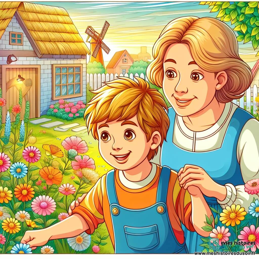 Une illustration destinée aux enfants représentant un jeune garçon curieux et plein d'énergie, lançant un projet pour sauver la planète avec l'aide bienveillante de sa mère, dans un petit village paisible entouré de fleurs colorées et d'arbres en fleurs.