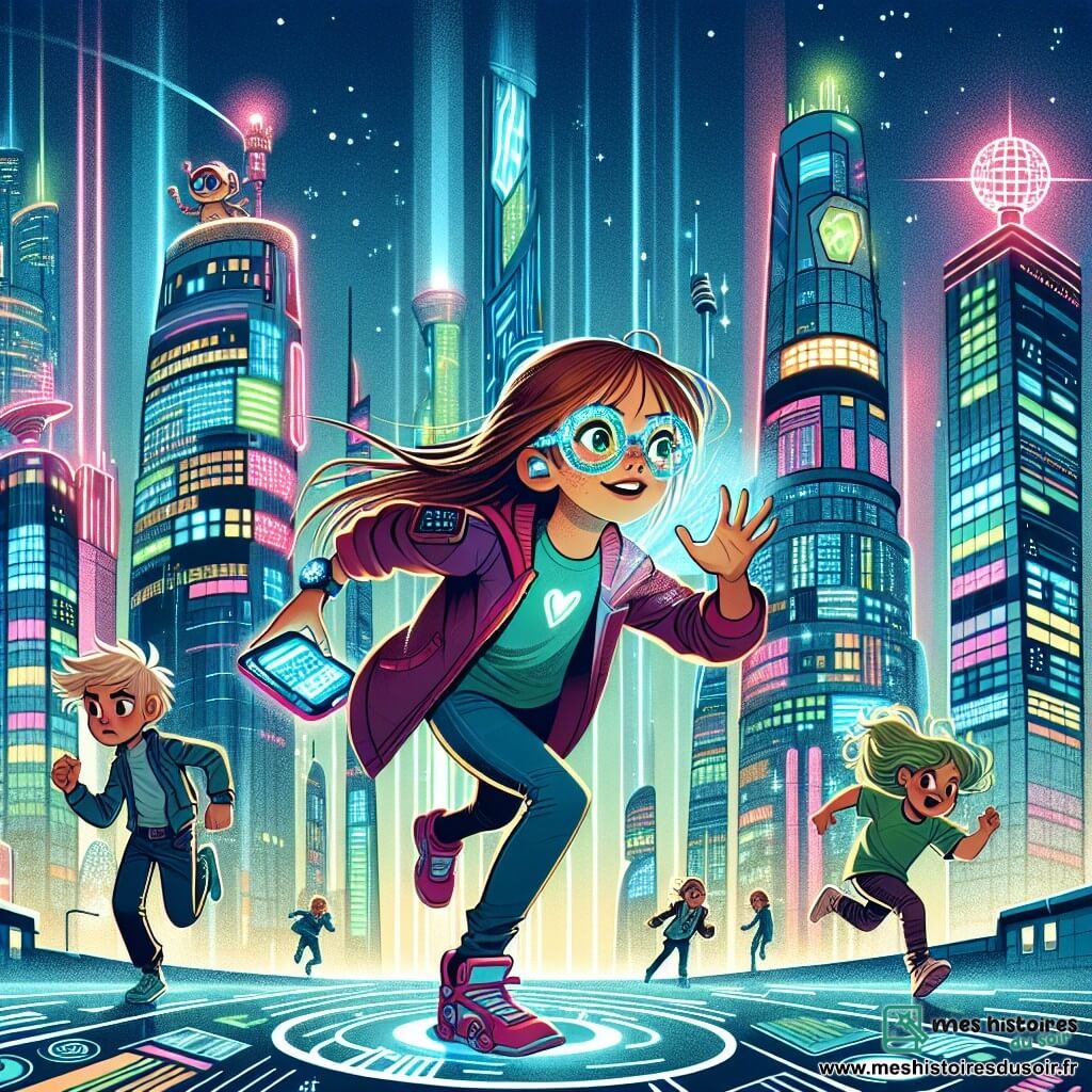 Une illustration sous forme de dessin destinée aux enfants représentant une métropole futuriste scintillante avec des tours en verre et en métal illuminées par des néons colorés, où une fille de 11 ans aux longs cheveux bruns et lunettes étincelantes court avec détermination, tenant un appareil de communication, tandis que deux amis, un garçon aux cheveux blonds en bataille et une fille pétillante aux yeux verts, l'observent avec des expressions d'excitation et d'inquiétude, alors qu'ils tentent de déjouer un complot de robots menaçants qui veulent détruire une mystérieuse Sphère d'Énergie au centre de la ville.