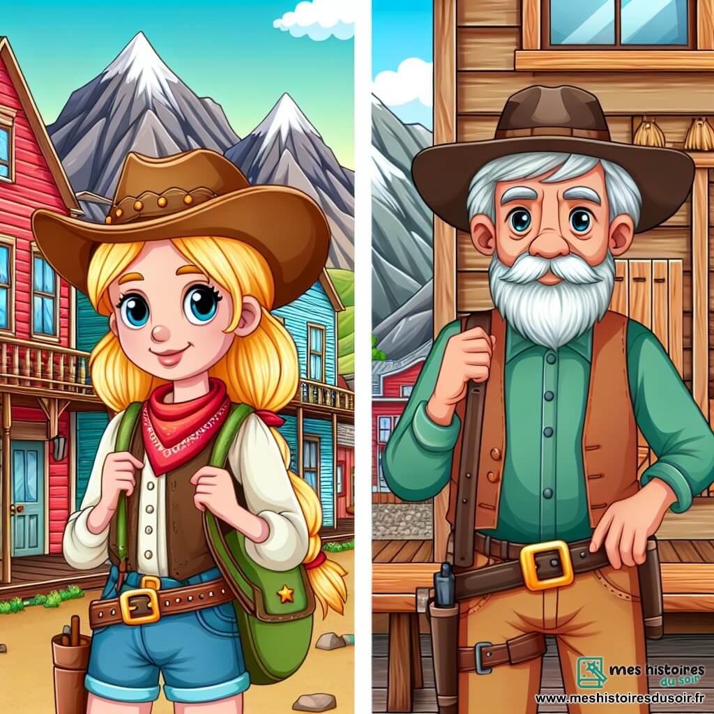 Une illustration destinée aux enfants représentant une courageuse cow-girl blonde, une vieille homme sage, un village pittoresque de l'Ouest américain avec des maisons en bois colorées et des montagnes en arrière-plan.