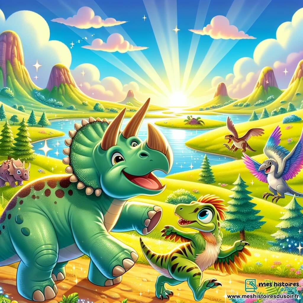 Une illustration sous forme de dessin destinée aux enfants représentant une vaste plaine enchantée, parsemée de collines colorées et de rivières scintillantes, où un tricératops aux écailles vertes et brunes, joyeusement en train de courir, se lie d'amitié avec un vélociraptor aux plumes éclatantes, tandis qu'un groupe de dinosaures curieux les observe avec des sourires, illustrant la magie de l'amitié entre différentes espèces dans un cadre préhistorique ensoleillé.