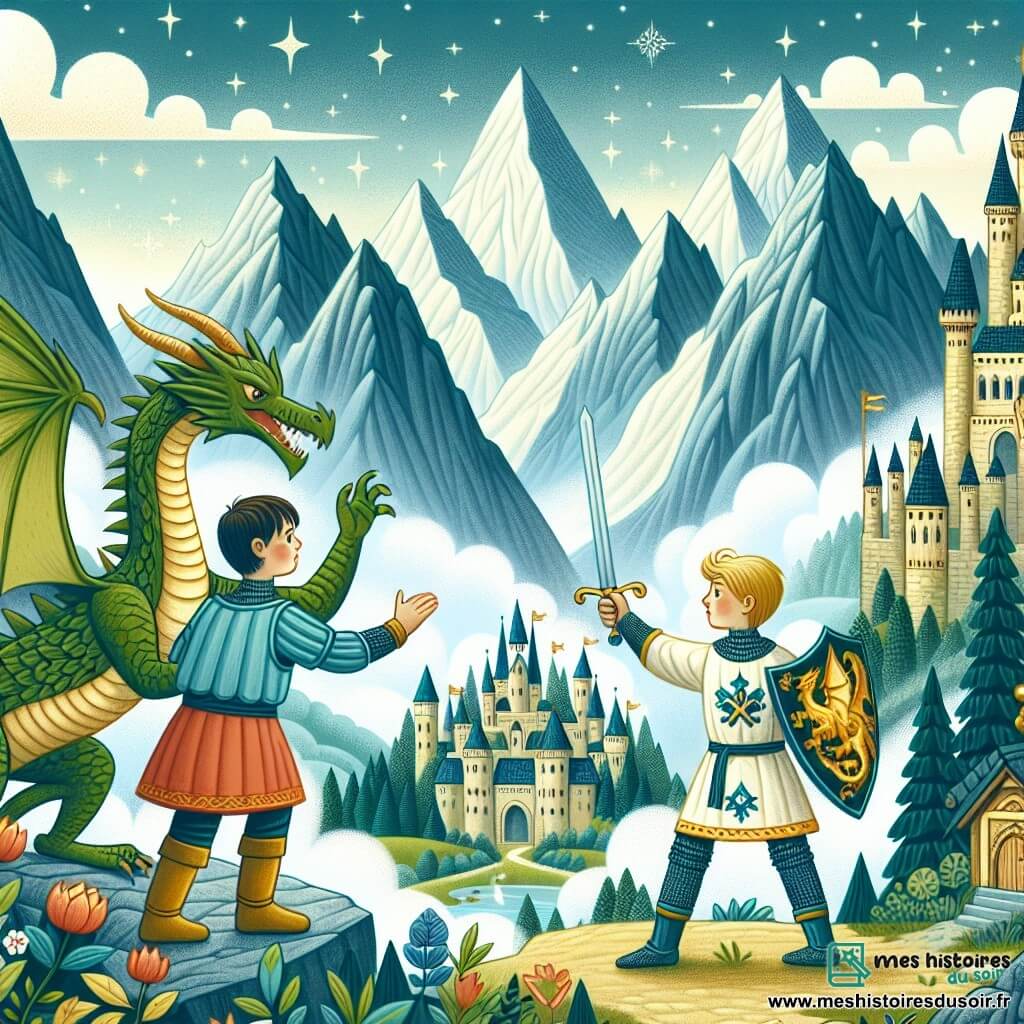 Une illustration destinée aux enfants représentant un jeune chevalier courageux affrontant un dragon redoutable aux sommets des montagnes escarpées, accompagné de son oncle chevalier bienveillant, dans un royaume médiéval enchanteur aux châteaux majestueux et aux paysages verdoyants parsemés de villages pittoresques.