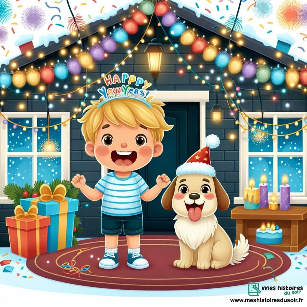 Une illustration destinée aux enfants représentant un petit garçon excité, une soirée de réveillon festive, son fidèle chien Max, dans une maison chaleureuse décorée de guirlandes lumineuses et de confettis colorés.