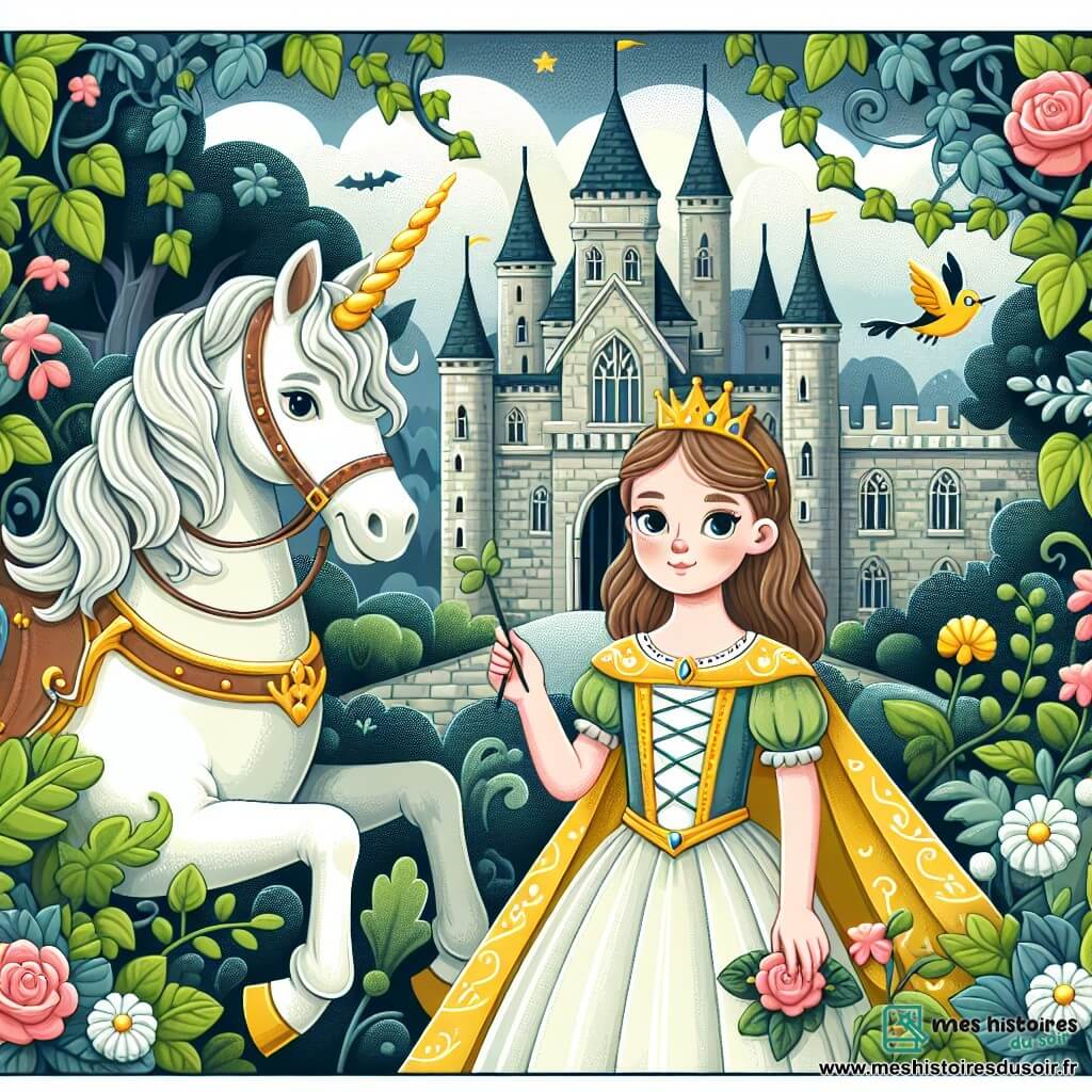 Une illustration destinée aux enfants représentant une princesse courageuse se tenant devant un palais enchanté recouvert de lianes, accompagnée d'une licorne majestueuse, dans un royaume lointain rempli de mystères et de créatures magiques.