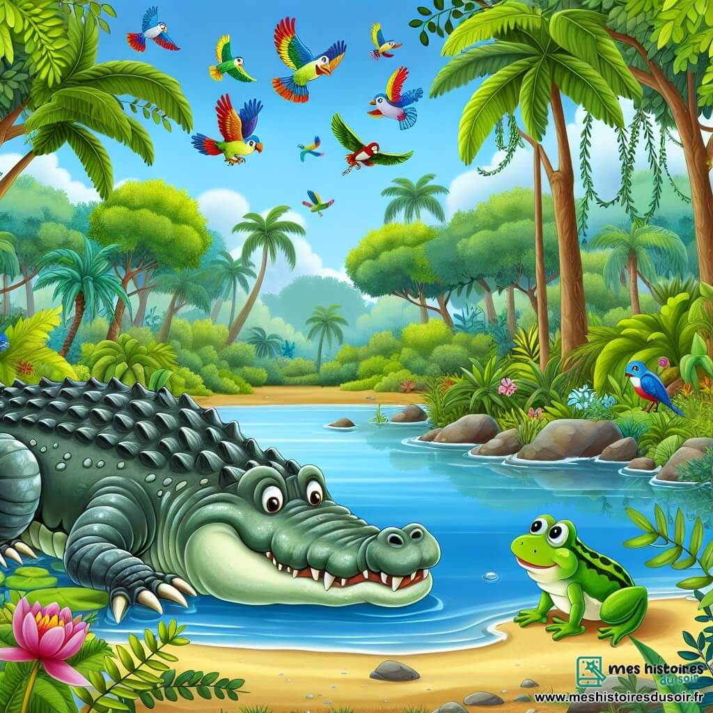 Une illustration destinée aux enfants représentant un majestueux crocodile solitaire vivant au bord d'un grand lac tropical, qui fait la rencontre inattendue d'une petite grenouille sautillante, dans une jungle dense et luxuriante où les oiseaux colorés volent joyeusement dans le ciel.