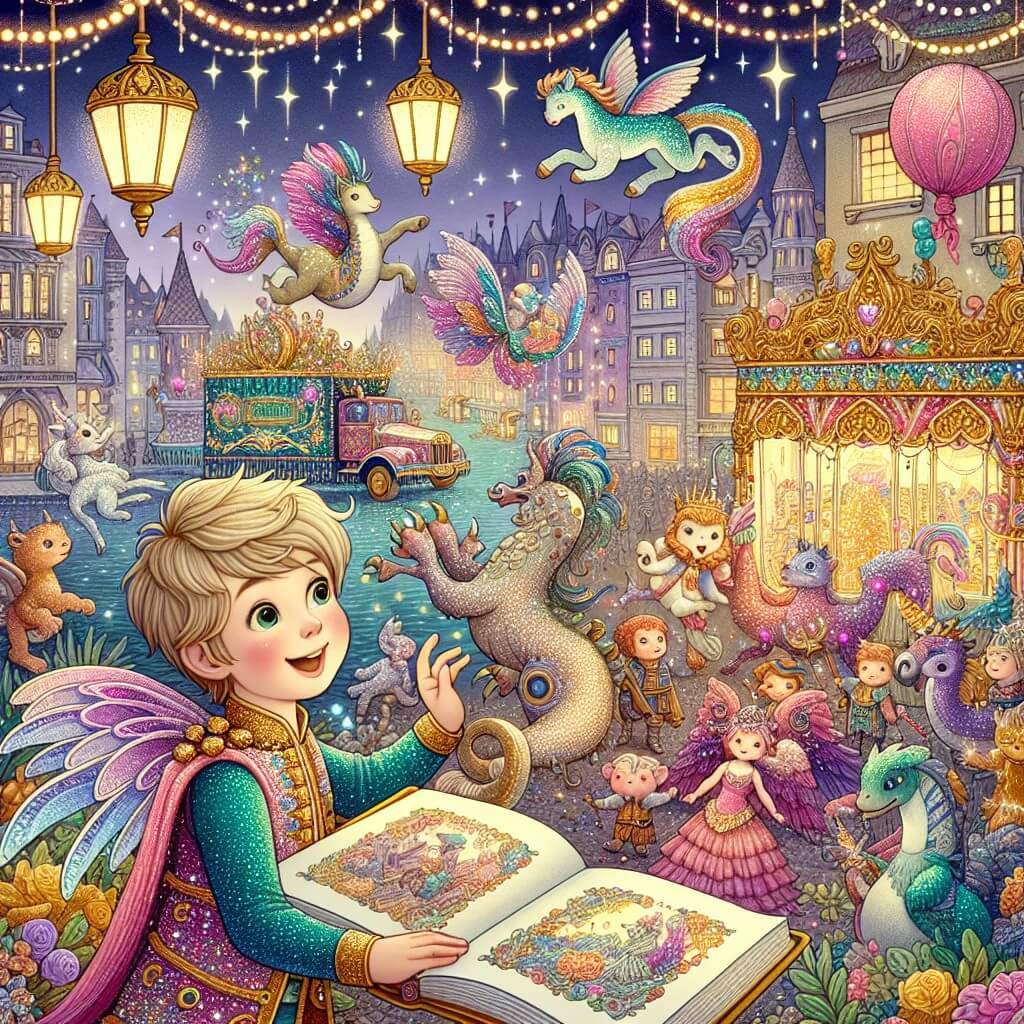 Une illustration destinée aux enfants représentant un jeune garçon, vêtu d'un costume étincelant, qui découvre un livre magique lors d'un carnaval féerique, entouré de créatures fantastiques et de chars magnifiquement décorés, dans la ville enchantée de Chantefête, aux rues ornées de guirlandes scintillantes et de ballons multicolores.