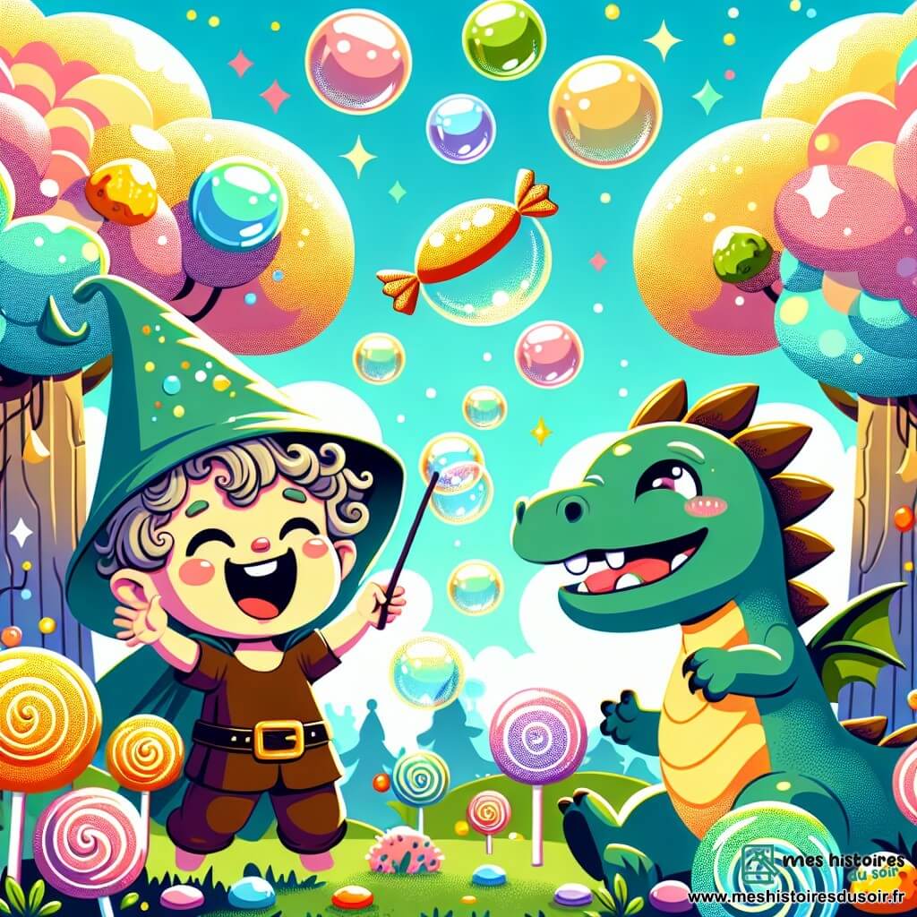 Illustration d'un paysage magique avec des arbres aux troncs colorés, des fleurs géantes aux pétales scintillants et un ciel bleu parsemé de nuages en forme de bonbons. Au centre, un petit garçon d'un an, aux cheveux bouclés et aux yeux pétillants, porte un chapeau pointu vivant. Il rit aux éclats, les bras levés, en regardant des bulles géantes flotter autour de lui. À ses côtés, un petit dragon aux écailles vertes et aux yeux ronds souffle des bulles de savon. Ensemble, ils sont entourés de bonbons colorés tombant des arbres, créant une ambiance ludique et enchantée. Les bulles dansent dans l'air, reflétant les couleurs vives du paysage, tandis que le soleil brille, ajoutant une touche de magie à cette scène joyeuse.