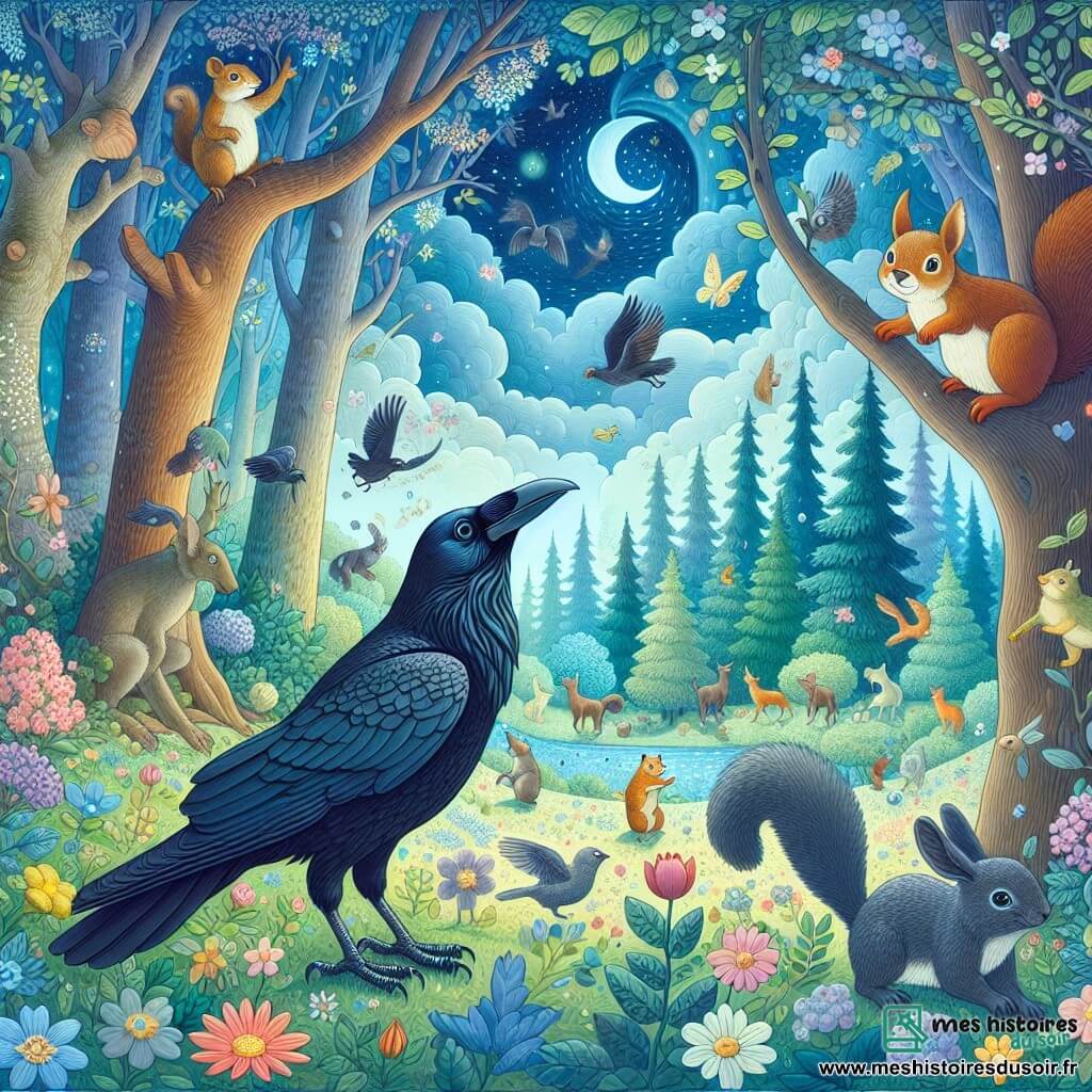Une illustration destinée aux enfants représentant un mystérieux corbeau solitaire, observant avec curiosité la nature qui s'éveille au printemps, accompagné d'un écureuil malicieux, dans une forêt enchantée où les arbres bourgeonnent, les fleurs éclatent de couleurs et les animaux dansent sous un ciel azuré.