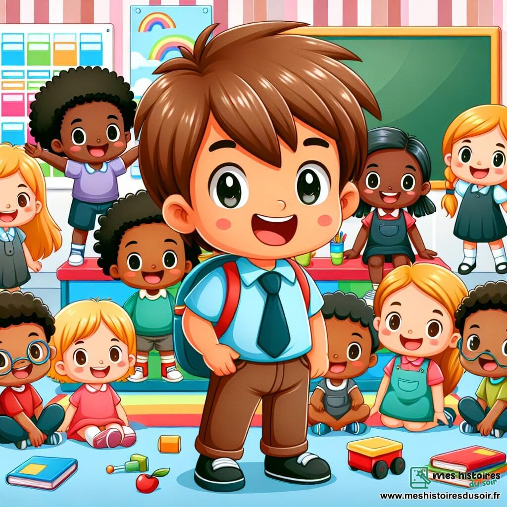 Une illustration destinée aux enfants représentant un petit garçon tout sourire, entouré de ses amis et de sa maîtresse, dans une école maternelle colorée avec des livres et des jouets éparpillés.