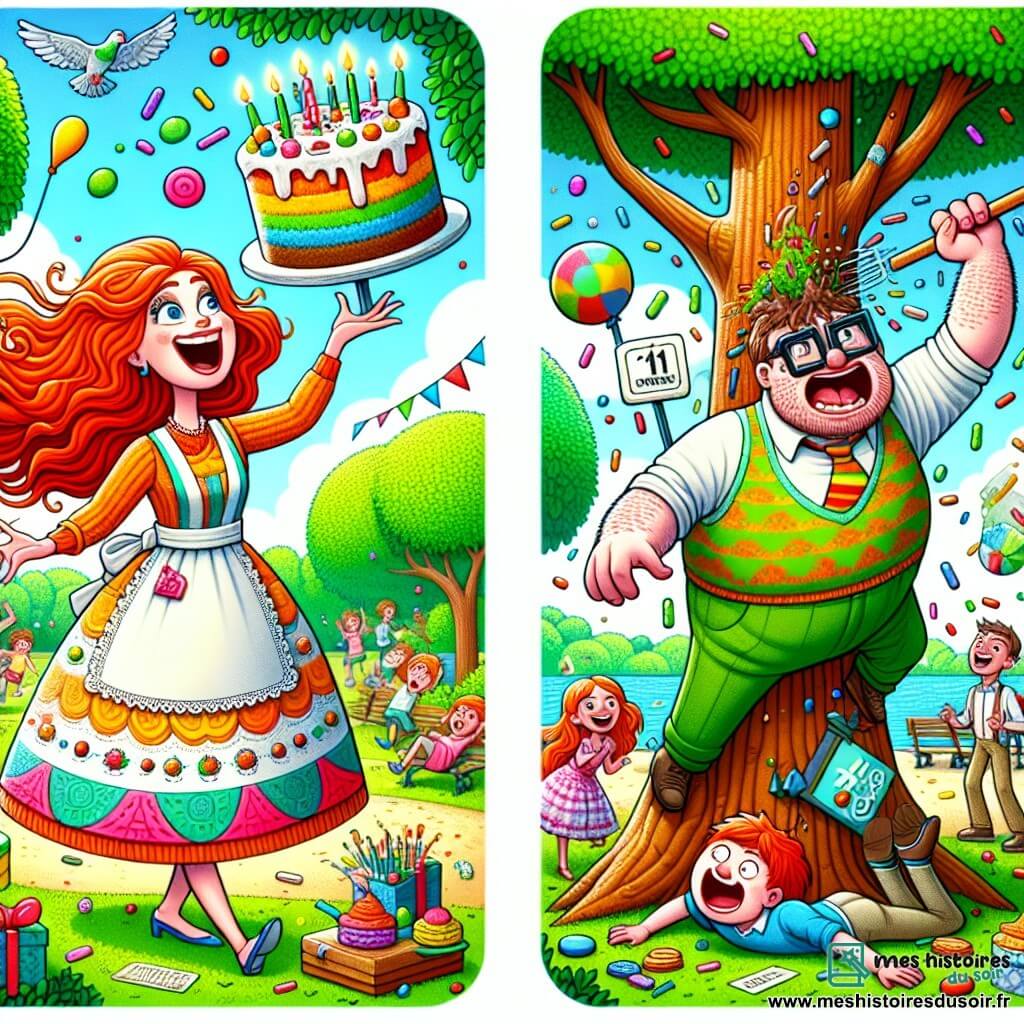 Une illustration sous forme de dessin destinée aux enfants représentant un parc ensoleillé de GigaVille, avec des arbres verdoyants et des enfants riant autour, au premier plan, une femme aux cheveux flamboyants et au sourire contagieux, vêtue d'un tablier coloré, en train de jongler joyeusement avec un gâteau géant décoré de bonbons, tandis qu'un homme grand et maladroit, avec des lunettes et un air confus, se débat dans un arbre, essayant de récupérer un panneau humoristique, le tout baigné dans une ambiance festive et ludique, avec des pigeons curieux volant autour d'eux.