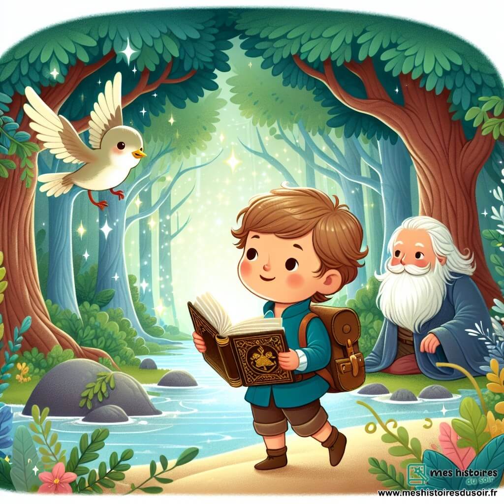 Une illustration destinée aux enfants représentant un jeune garçon rêveur, accompagné d'un oiseau sage, explorant une forêt enchantée avec des arbres majestueux et une rivière scintillante, tandis qu'il découvre des contes philosophiques cachés dans un vieux livre poussiéreux.