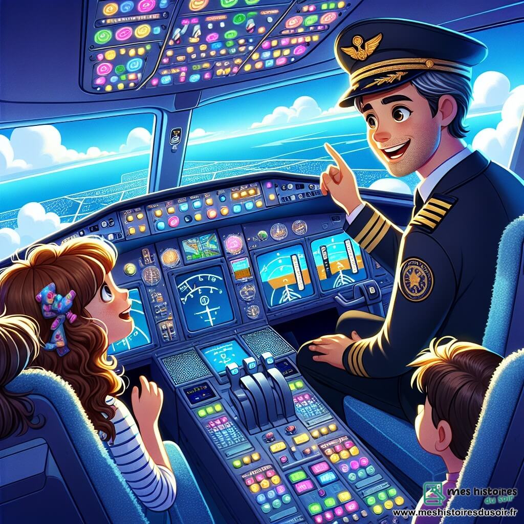 Illustration destinée aux enfants représentant un cockpit d'avion moderne, rempli de boutons colorés et d'écrans lumineux, avec des hublots offrant une vue spectaculaire sur un ciel bleu parsemé de nuages blancs et moelleux. Au centre, un homme au chapeau de capitaine, portant un uniforme bleu marine avec des insignes dorés, sourit avec enthousiasme tout en montrant les commandes à un groupe d'enfants fascinés. Parmi eux, une fille aux cheveux bouclés, les yeux brillants d'excitation, lève la main pour poser une question, tandis qu'un garçon au regard perçant observe attentivement le tableau de bord. L'ambiance est joyeuse et pleine de curiosité, capturant l'instant magique où les rêves d'aviation prennent vie.
