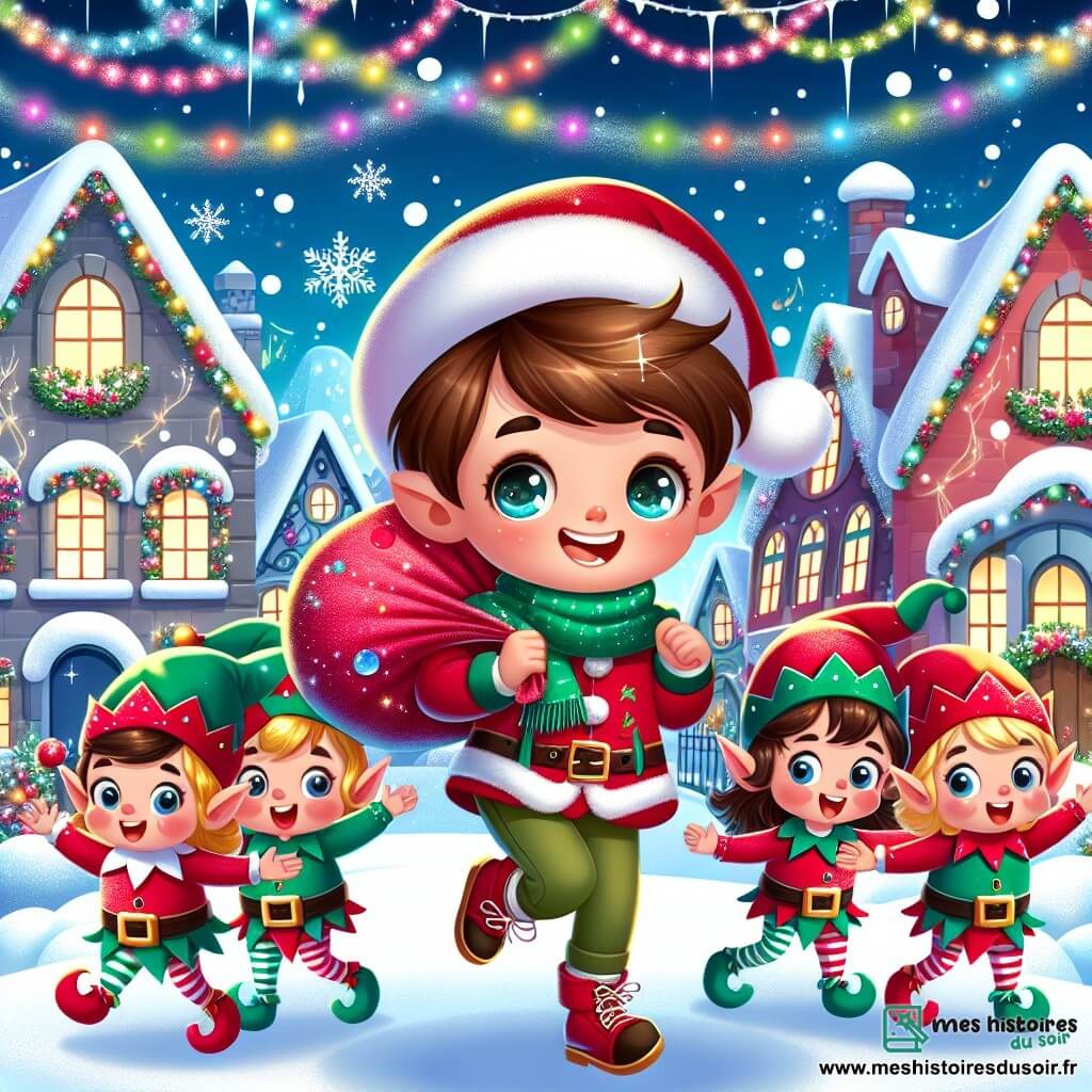 Une illustration sous forme de dessin destinée aux enfants représentant un village féerique de Noël, avec des maisons colorées décorées de guirlandes lumineuses et de flocons de neige, où un garçon de 12 ans aux cheveux bruns et aux yeux pétillants, vêtu d'un manteau rouge et d'une écharpe verte, danse joyeusement avec des lutins aux chapeaux pointus et aux visages souriants, tout en tenant un sac rempli de cadeaux scintillants, illustrant l'esprit de Noël et l'aventure magique qu'ils vivent ensemble.