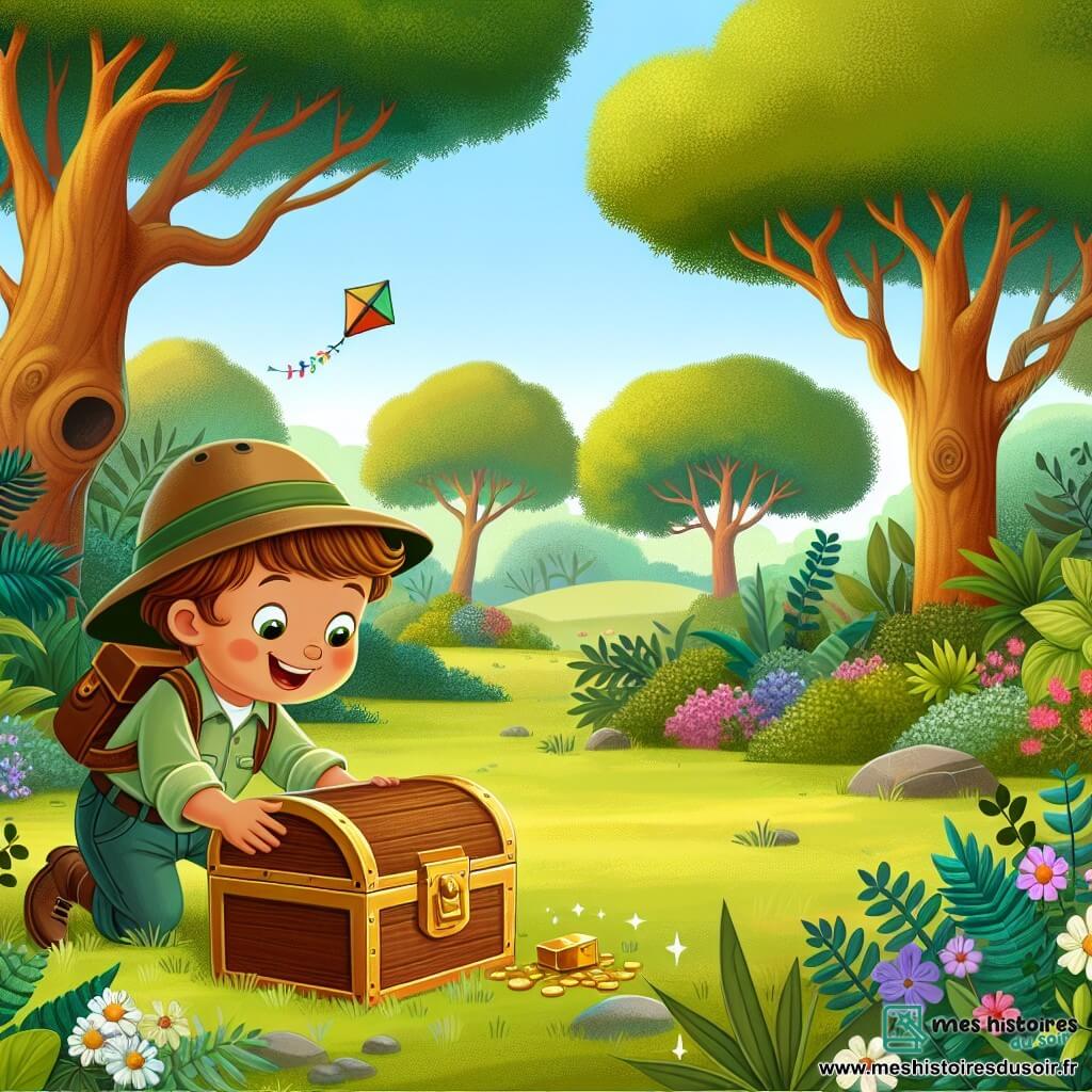 Une illustration sous forme de dessin destinée aux enfants représentant un parc verdoyant avec des arbres majestueux et des fleurs colorées, où un petit garçon de 4 ans aux cheveux châtains et aux yeux pétillants, portant un chapeau d'explorateur et un sac à dos, se penche avec émerveillement pour découvrir une boîte en bois brillante cachée sous un buisson, tandis qu'à ses côtés, une petite fille de 4 ans aux cheveux blonds et aux tresses joue avec un cerf-volant, tous deux captivés par l'idée de trouver un trésor caché, symbolisant l'esprit d'aventure et d'amitié.
